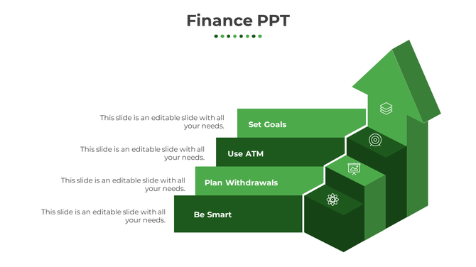 Green finance PowerPoint template with a 3D arrow staircase illustrating financial planning steps and placeholder text.