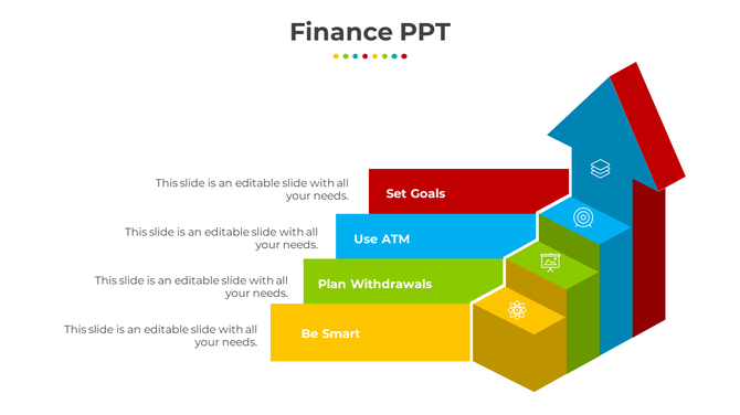 Finance infographic with 3D steps in yellow, green, blue, and red, forming an upward arrow, symbolizing growth.