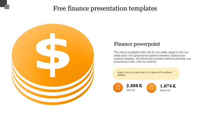 Finance PowerPoint slide showcasing a dollar stack and statistics for male and female audiences with placeholder text.