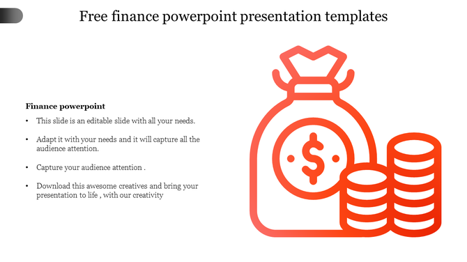 Finance presentation slide with bold money icon illustration and space for text on a white background.