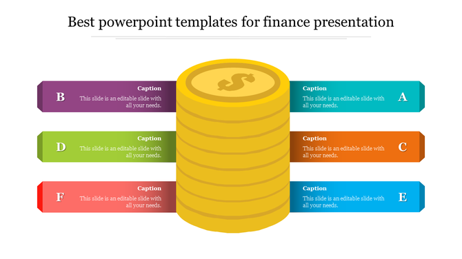 Finance infographic featuring a gold coin stack in the center, with six color coded text bars extending from both sides.