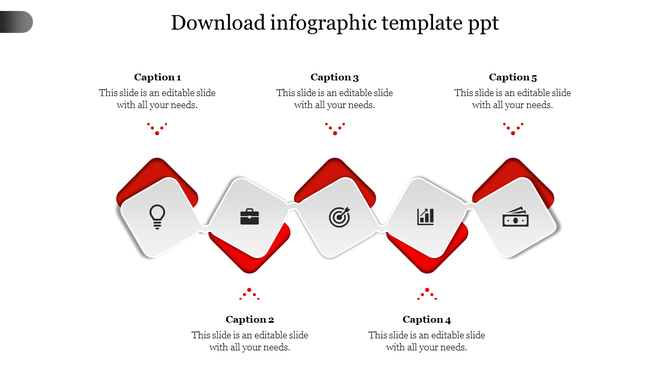 Infographic with five interlinked white and red diamond icons, each representing a concept with captions.