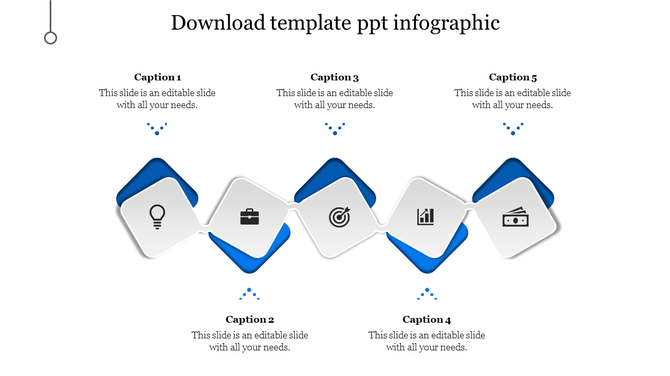 Infographic PowerPoint template featuring blue color icons with captions and placeholder text on a white backdrop.