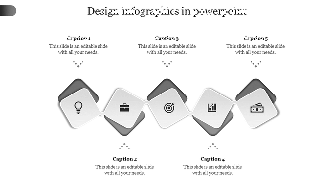 Infographic with six diamond shaped icons, each featuring a business symbol, connected by a curved path with captions.