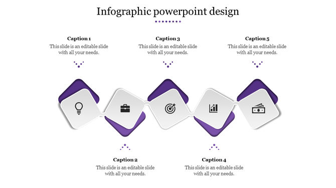 Infographic PowerPoint design slide featuring business icons with a purple shape with captions and placeholder text.