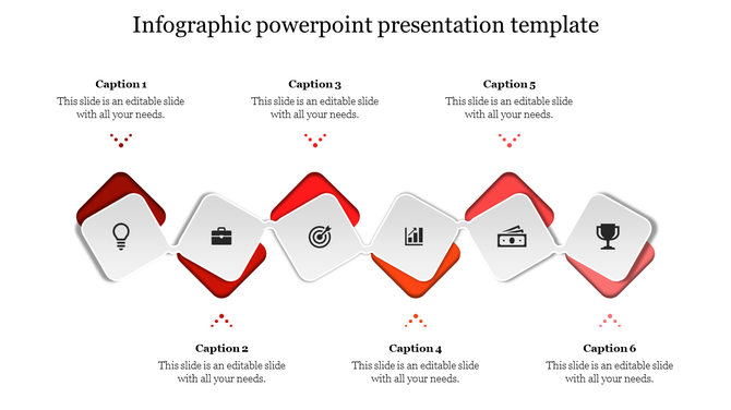 Zigzag infographic with six icons, each featuring a business symbol, connected by a curved path with caption above and below.