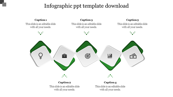 Zigzag infographic with six white diamond shaped icons on a green background, each linked to business related captions.
