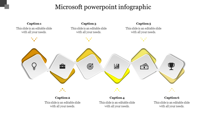 Curved business infographic with six diamonds in yellow, displaying icons for ideas, finance, and success, with captions.