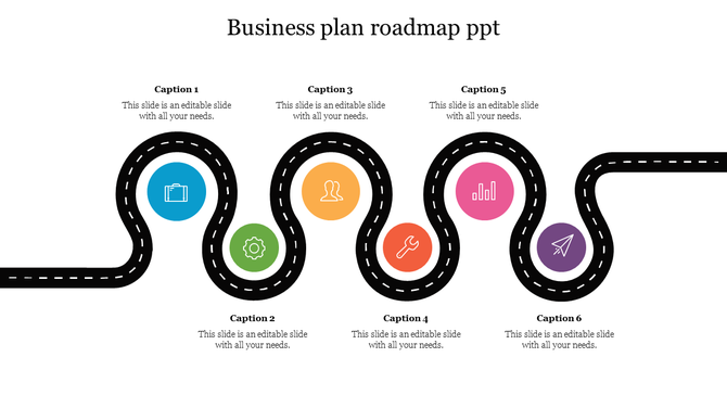 Business roadmap template with a winding path, five circular icons in blue, green, orange, pink, and purple, and captions.