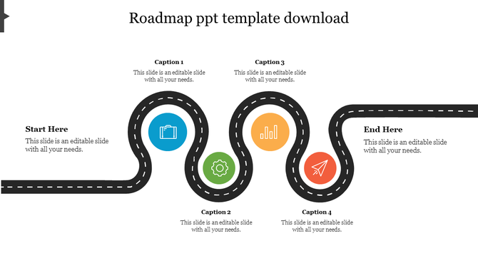 Winding roadmap infographic with milestone icons in blue, green, orange, and red, marking start and end points.