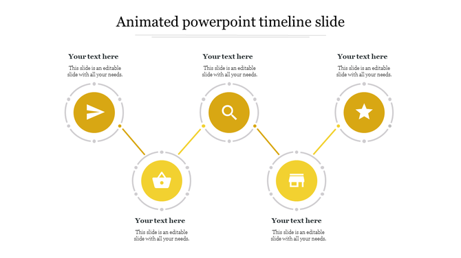 Animated timeline with five yellow circle markers, each holding icons, placed on a line with text areas beneath.