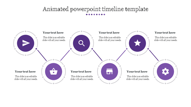 Animated timeline with six circular purple icons connected diagonally, each with placeholder text areas above or below.