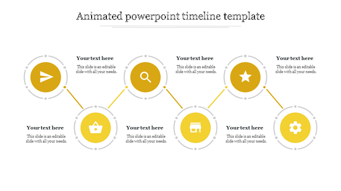 Animated timeline template with six circular markers connected by a line with each having an icon and placeholder text.