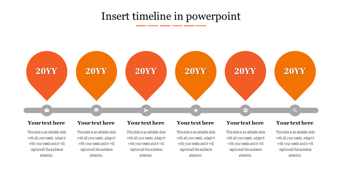 Timeline PowerPoint template with six orange location markers with icons along a horizontal timeline with placeholder text.