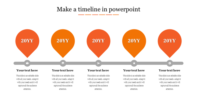 Five point timeline with red orange gradient map pin on a gray horizontal line, each featuring a year and text areas beneath.