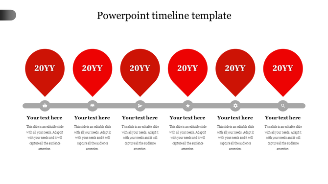 Timeline template with six red teardrop shaped markers, each representing a year, with text sections.
