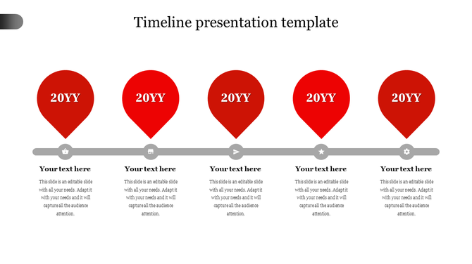 Horizontal timeline with five red map pin markers labeled '20YY', each above icons and text boxes on a gray progress bar.