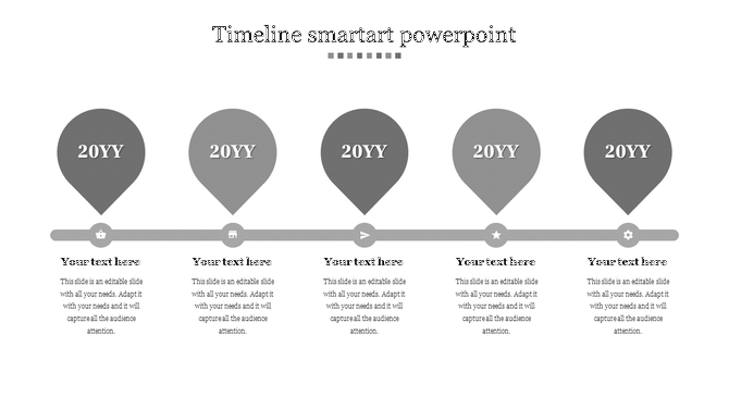 Slide featuring a SmartArt timeline with five markers labeled 20YY placeholder text entries.