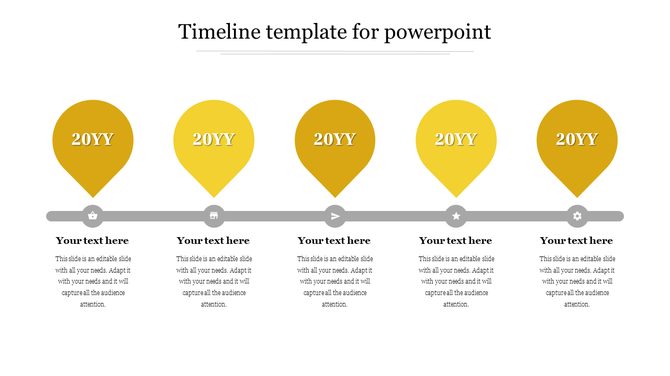 Timeline PowerPoint template with five yellow location markers along a horizontal gray timeline, each labeled 20YY with text.