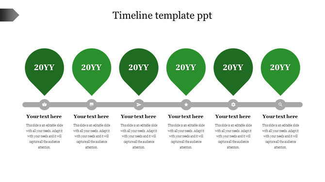 Timeline graphic with six green location pins on a gray line, each paired with an icon and caption area beneath.