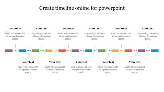 Yearly timeline infographic with months in color coded boxes, linked to alternating caption text areas for descriptions.