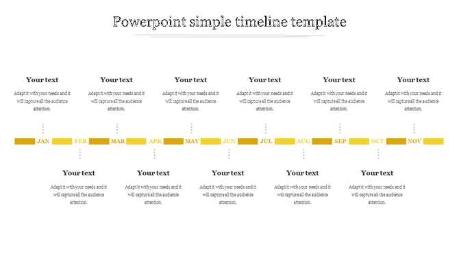 Horizontal timeline with twelve yellow blocks labeled Jan to Nov, each with placeholder text areas above and below.