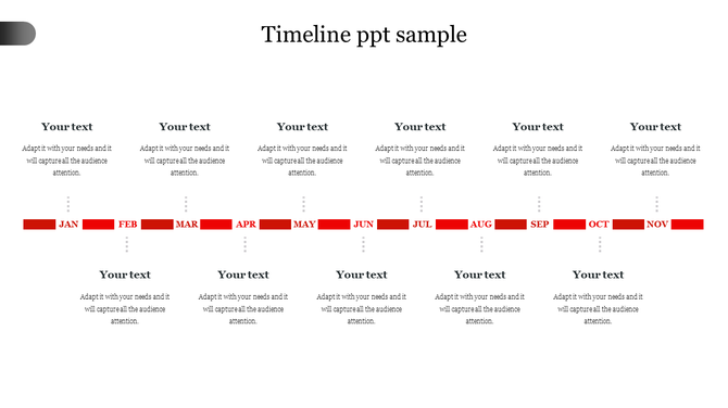 Timeline slide with red boxes representing months January to November, each associated with text fields.