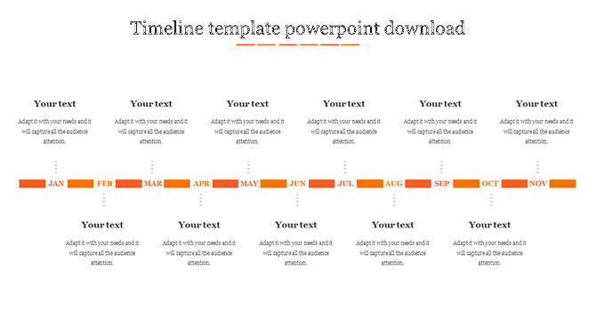 Microsoft timeline PowerPoint template with a 12 month orange layout, featuring text placeholders above and below.