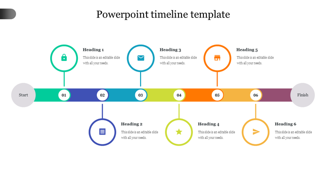 Slide featuring a rainbow gradient timeline with six numbered milestones and circular icons above and below.