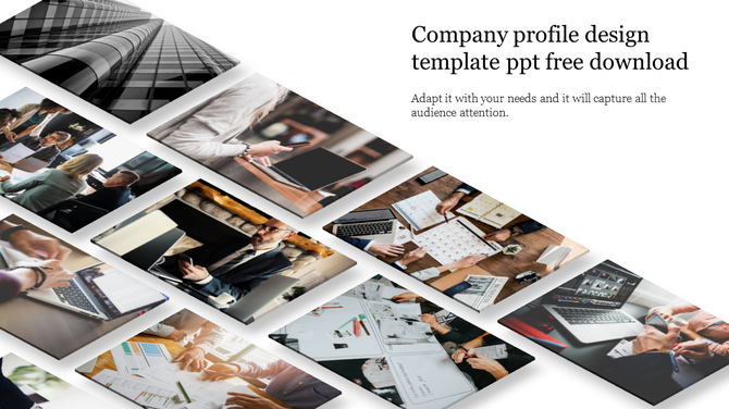Company profile slide featuring an angled grid of business-related images, including meetings, documents, and digital work.