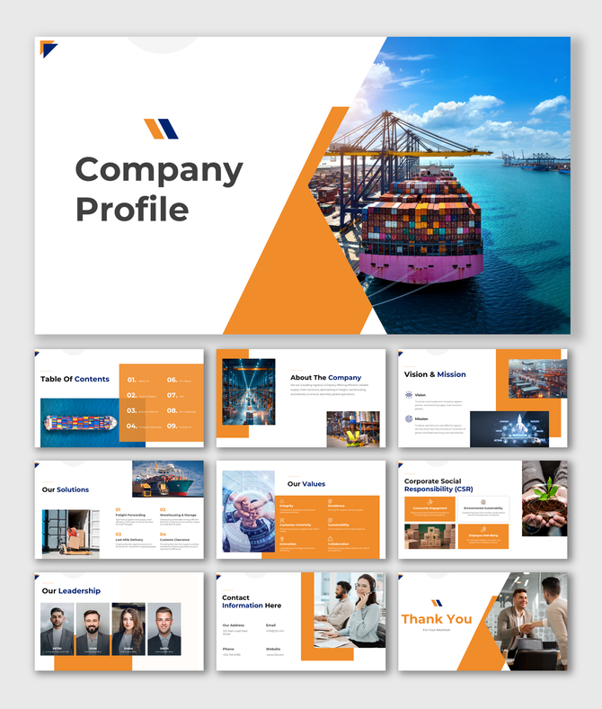 Company profile slides with shipping and logistics visuals, industry related content, and contact info with orange accents.