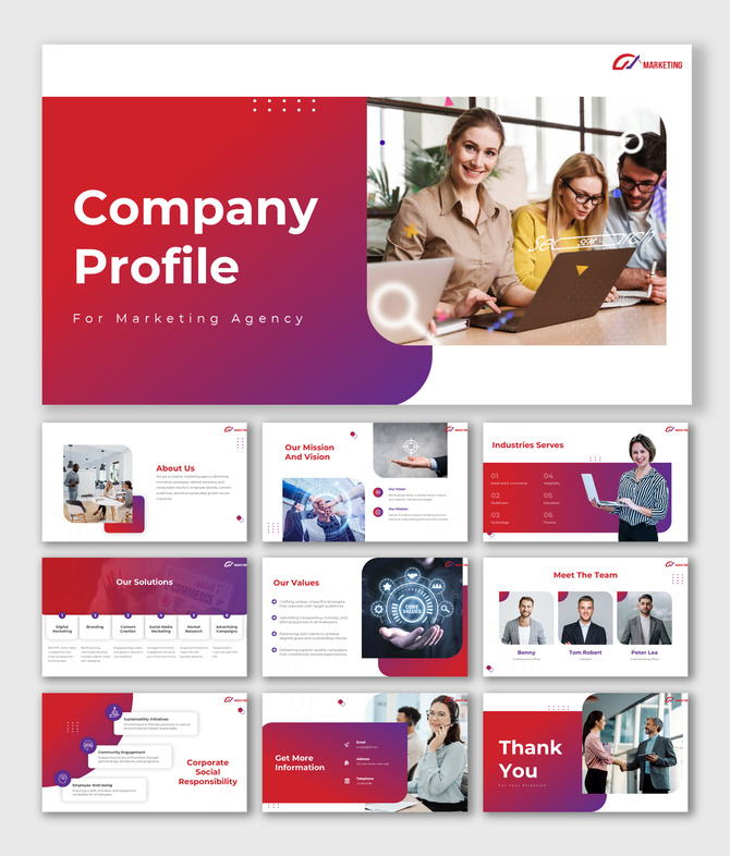 Company profile PPT slides covering about us, mission, and team introduction on a red and purple gradient.