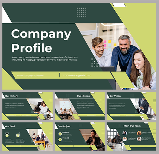 Company Profile PowerPoint slides featuring sections for history, mission, vision, and team overview with many images.