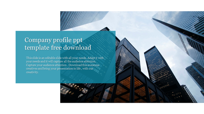 Tall glass buildings seen from below with a blue overlay box on the left displaying text about a company profile.