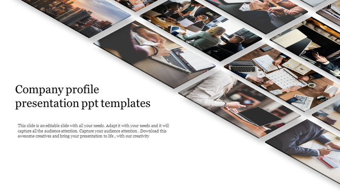 Company profile slide with a 3D grid of business images, including meetings, laptops, and documents, on a white background.