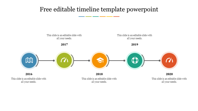 Horizontal timeline with five circular icons in blue, green, orange, teal, and red, marking years 2016 to 2020.