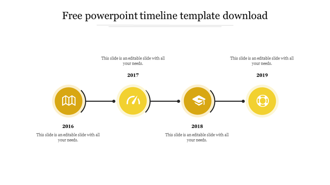 Horizontal timeline with yellow gradient circles and white icons for years 2016 to 2019, each with caption text below.