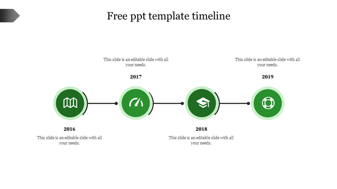 Timeline with circular green icons for 2016 to 2019, each year marked by an icon and linked with connecting lines.