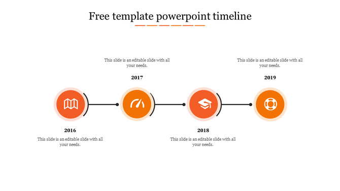 Linear timeline with four orange shaded icons labeled 2016 to 2019, each with a placeholder text box above or below.