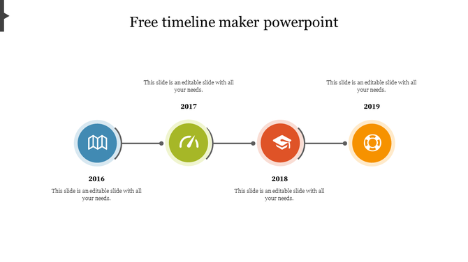 Timeline slide with four circular icons in blue, green, red, and orange, for 2016 to 2019, connected by lines.