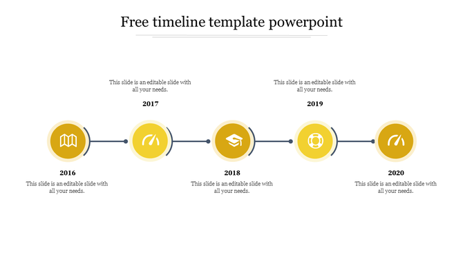 Timeline PPT slide with years from 2016 to 2020, featuring yellow circular icons and placeholder text on a white backdrop.