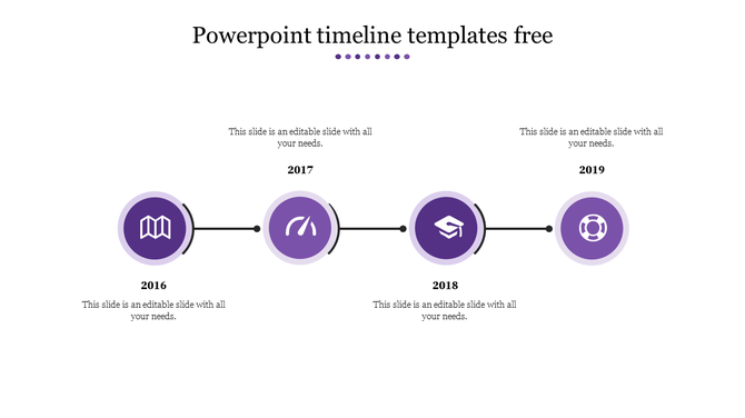 Horizontal timeline showing purple circular icons for years 2016 to 2019, connected by lines with captions above and below.