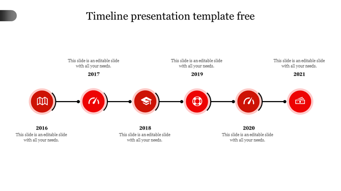 Horizontal timeline layout with six red circular markers for the years 2016 to 2021, each containing icons.