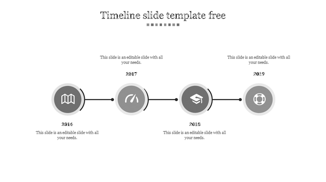 Timeline graphic with monochrome circular icons for 2016–2019, connected by black lines and paired with captions.