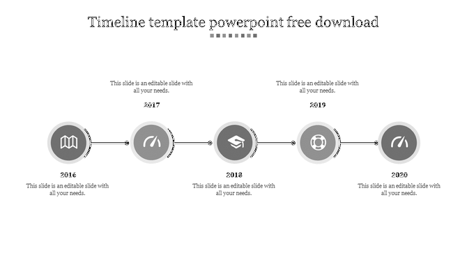 Horizontal timeline design with gray circular markers labeled 2016–2020, featuring icons and with caption areas.