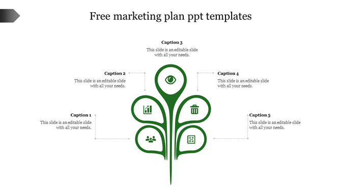 Five green petal shaped sections branching out from a central point with icons representing marketing plan.