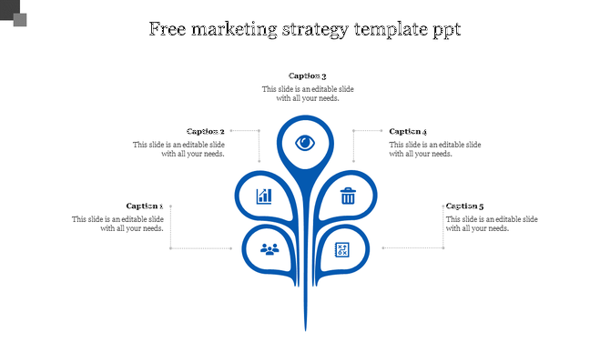Marketing strategy PowerPoint template with icons representing analysis, target audience, and strategy and captions.