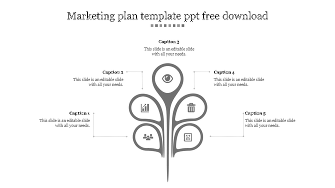 Monochrome marketing plan graphic with five curved segments and icons, each connected to surrounding caption boxes.