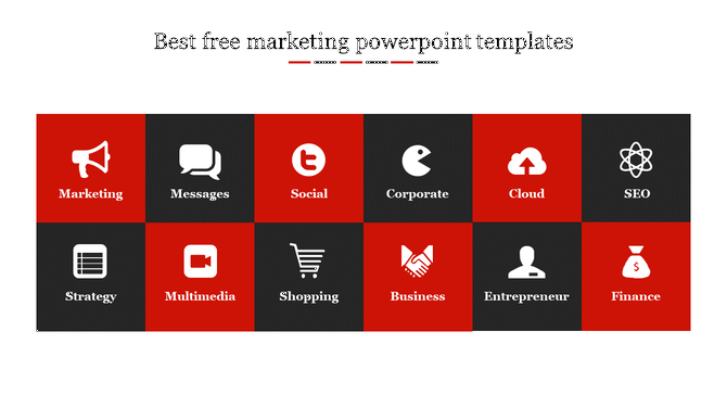 Red and black grid layout of marketing template icons from marketing to finance.