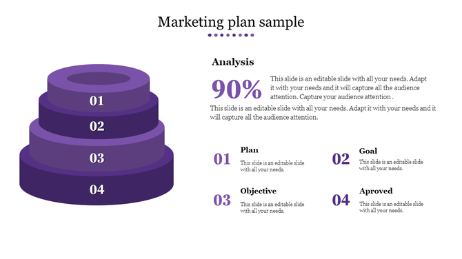 Simple marketing plan template with four purple concentric circles and numbered sections with text on the right.